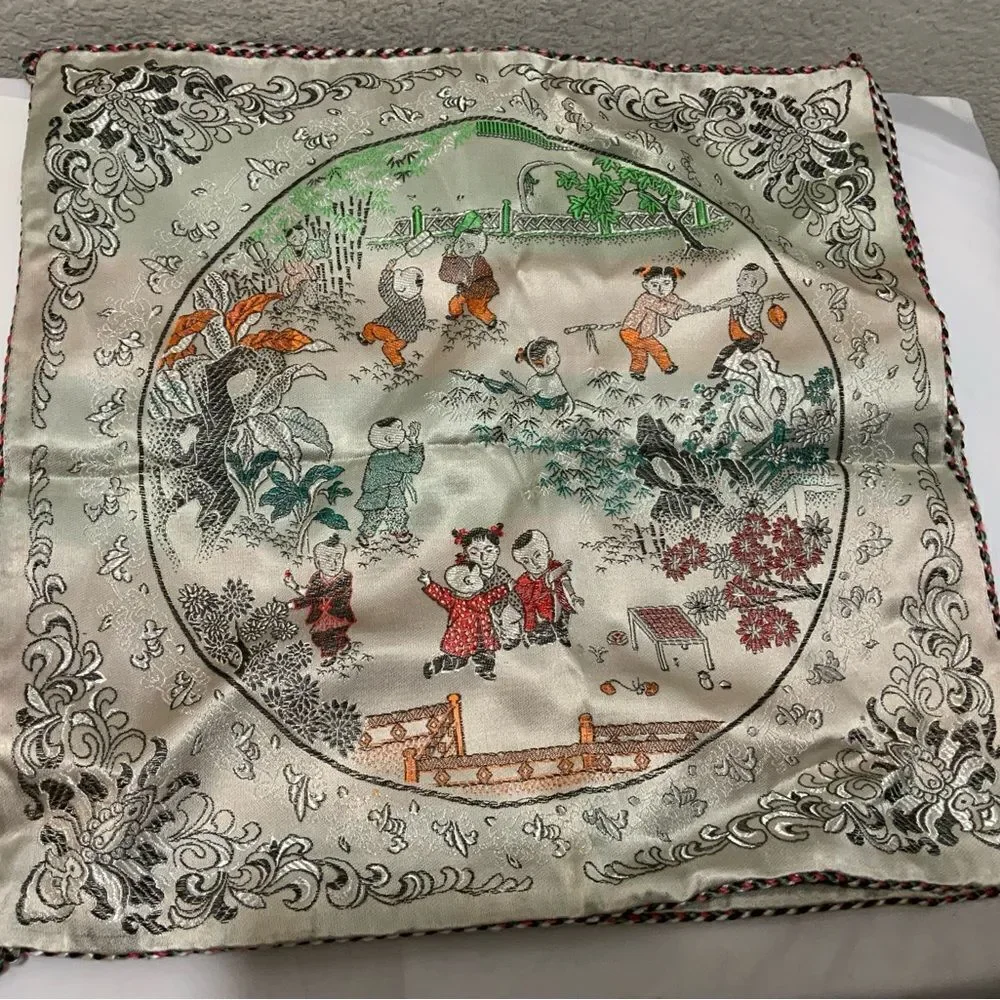 Chinese Satin / Silk Pillow Cover, Embroidered Floral, 17” X 17” Square, New